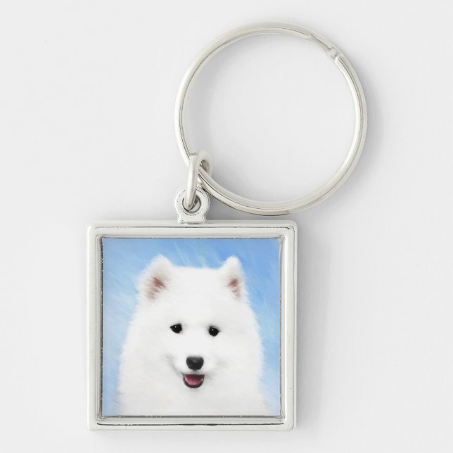 Samoyed Puppy Painting - Cute Original Dog Art Key Ring (Front)