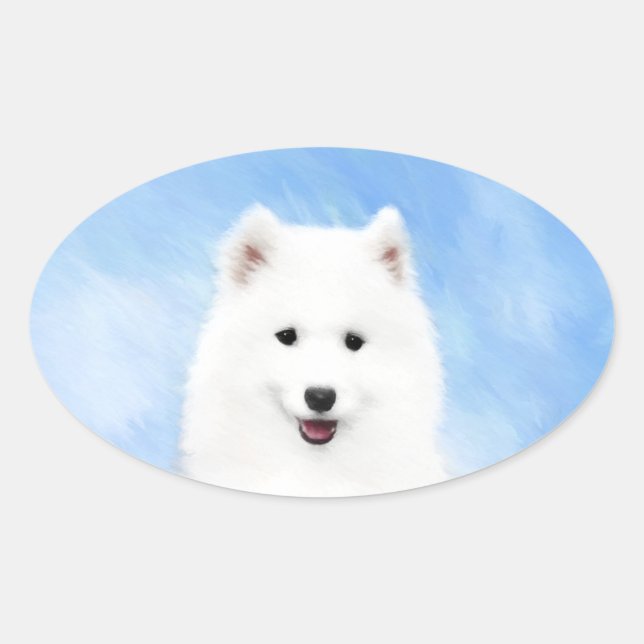 Samoyed Puppy Painting - Cute Original Dog Art Oval Sticker (Front)