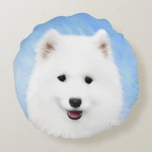 Samoyed Puppy Painting - Cute Original Dog Art Round Cushion