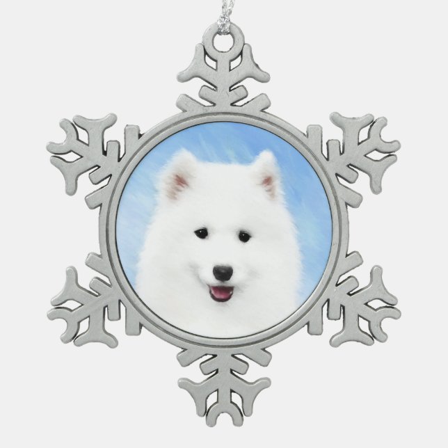 Samoyed Puppy Painting - Cute Original Dog Art Snowflake Pewter Christmas Ornament (Front)