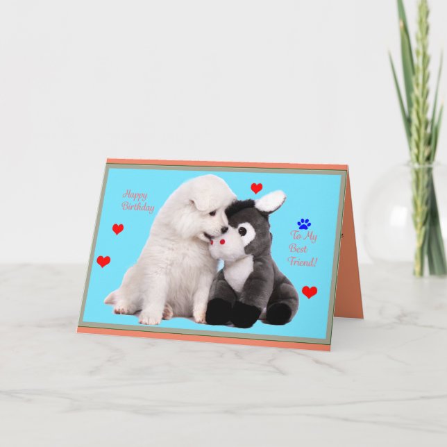 Samoyed Puppy & Toy Birthday Greeting Card (Front)