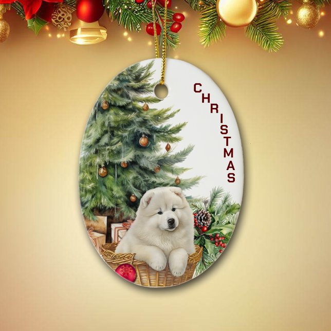 Samoyed Puppy Wicker Basket Christmas Ceramic Tree Decoration (Creator Uploaded)