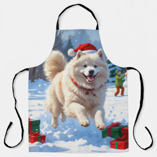 Samoyed Running in Snow with Christmas Hat Apron