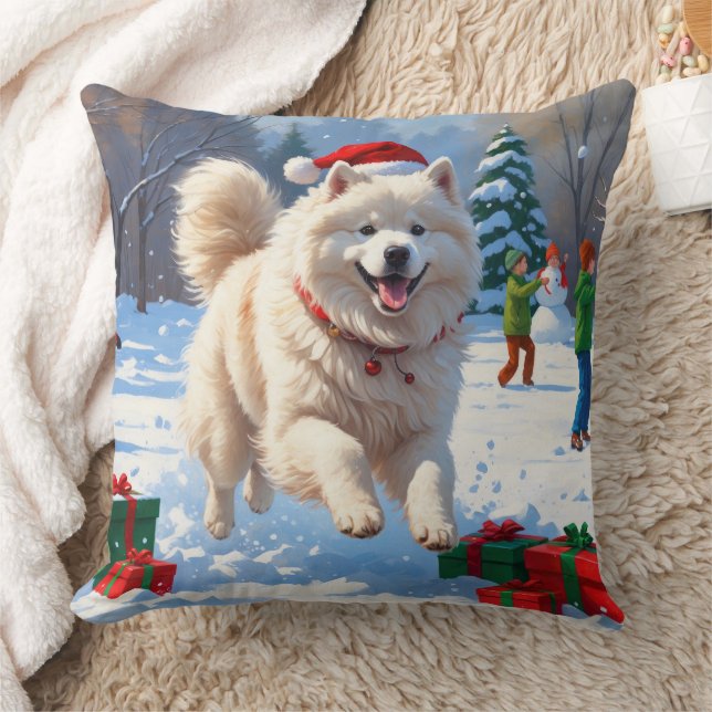 Samoyed Running in Snow with Christmas Hat Cushion (Blanket)
