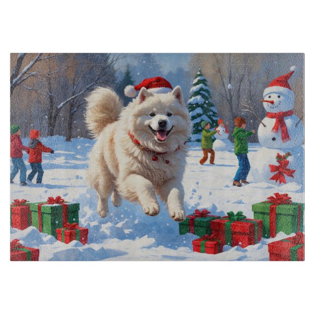 Samoyed Running in Snow with Christmas Hat Cutting Board (Front)
