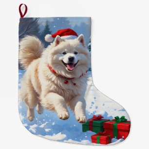Samoyed Running in Snow with Christmas Hat Large Christmas Stocking