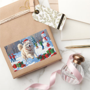 Samoyed Running in Snow with Christmas Hat Rectangular Sticker