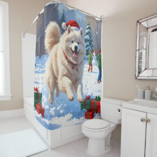 Samoyed Running in Snow with Christmas Hat Shower Curtain