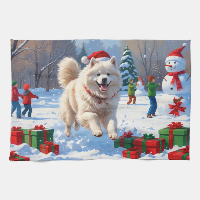 Samoyed Running in Snow with Christmas Hat Tea Towel (Horizontal)