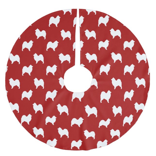 Samoyed Silhouettes Pattern Red Brushed Polyester Tree Skirt (Front)