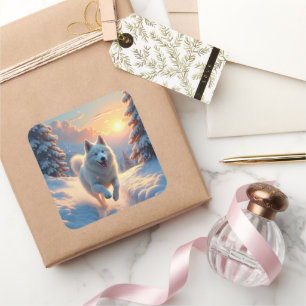 Samoyed Snowy Mountain Adventure Christmas Square Sticker