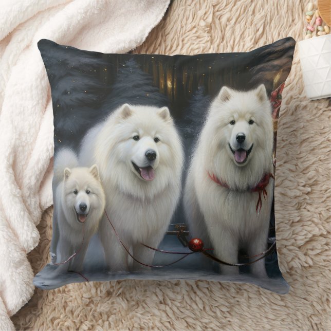 Samoyed Snowy Sleigh Christmas Decor Cushion (Blanket)