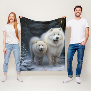 Samoyed Snowy Sleigh Christmas Decor Fleece Blanket