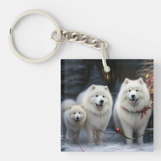 Samoyed Snowy Sleigh Christmas Decor Key Ring (Front)