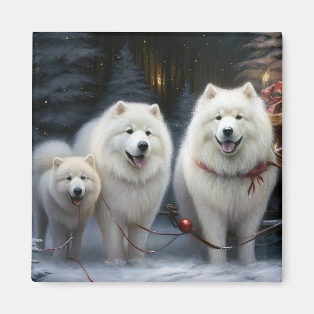 Samoyed Snowy Sleigh Christmas Decor Magnet (Front)