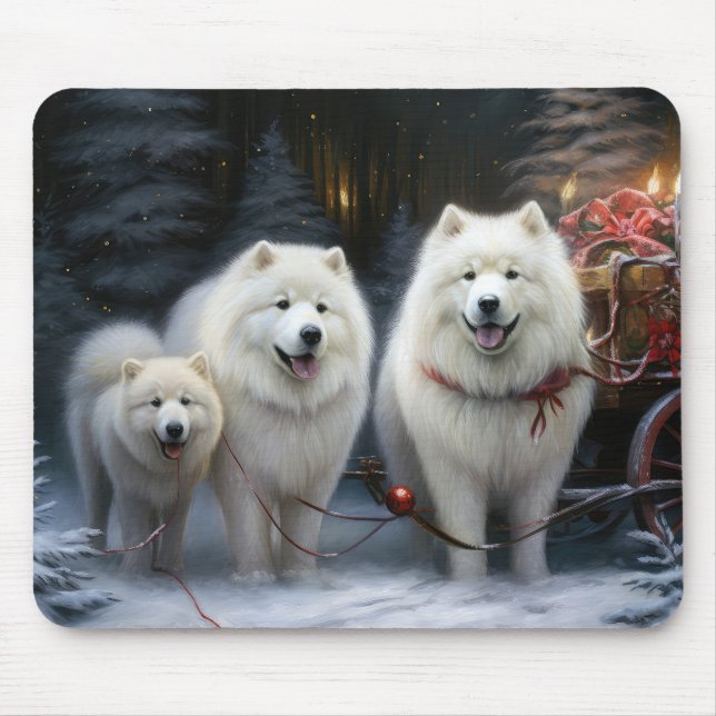 Samoyed Snowy Sleigh Christmas Decor Mouse Mat (Front)