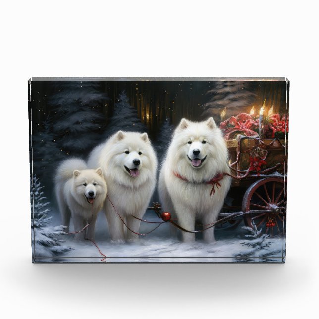 Samoyed Snowy Sleigh Christmas Decor Photo Block (Front)