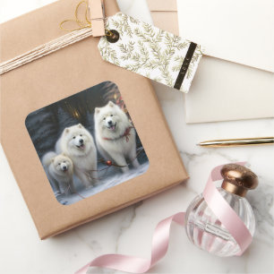 Samoyed Snowy Sleigh Christmas Decor Square Sticker