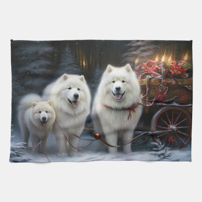 Samoyed Snowy Sleigh Christmas Decor Tea Towel (Horizontal)