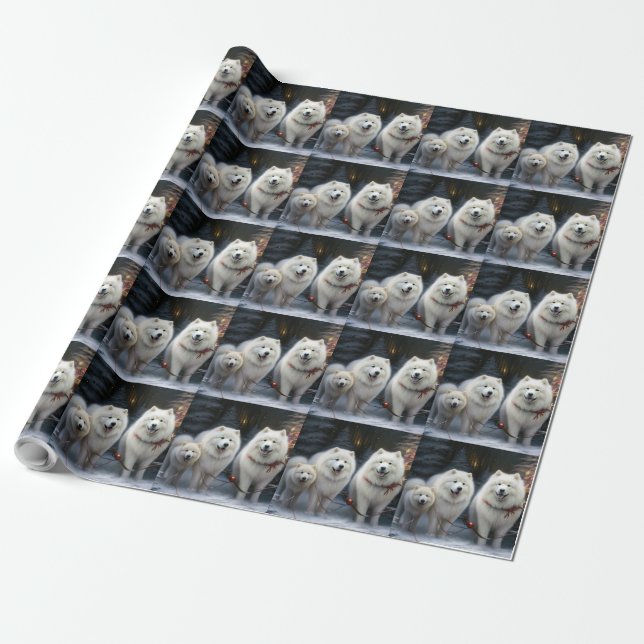 Samoyed Snowy Sleigh Christmas Decor Wrapping Paper (Unrolled)