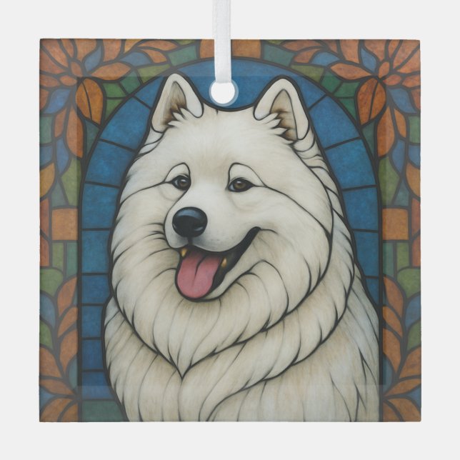 Samoyed "Stained Glass"  Glass Tree Decoration (Front)