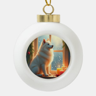 Samoyed Under the Mistletoe Christmas Painting Ceramic Ball Christmas Ornament