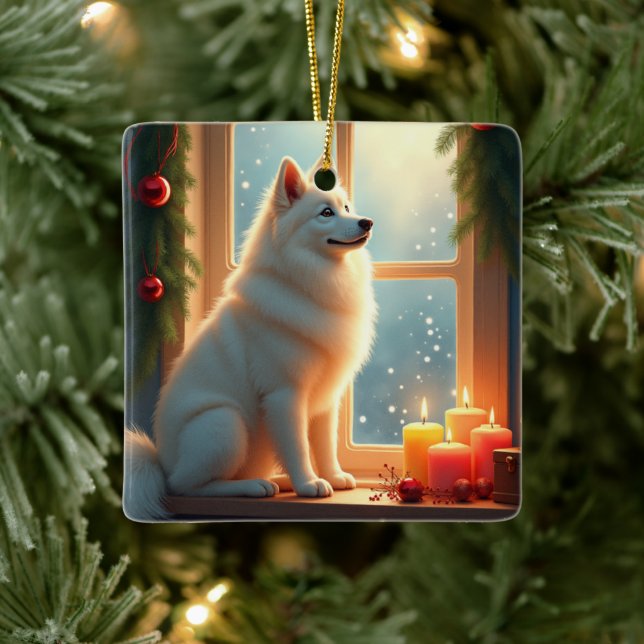 Samoyed Under the Mistletoe Christmas Painting Ceramic Ornament (Tree)