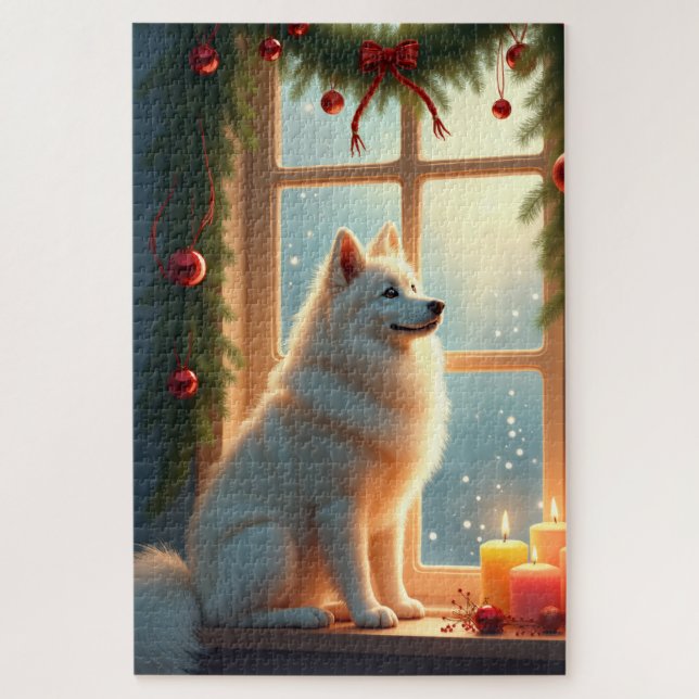 Samoyed Under the Mistletoe Christmas Painting Jigsaw Puzzle (Vertical)