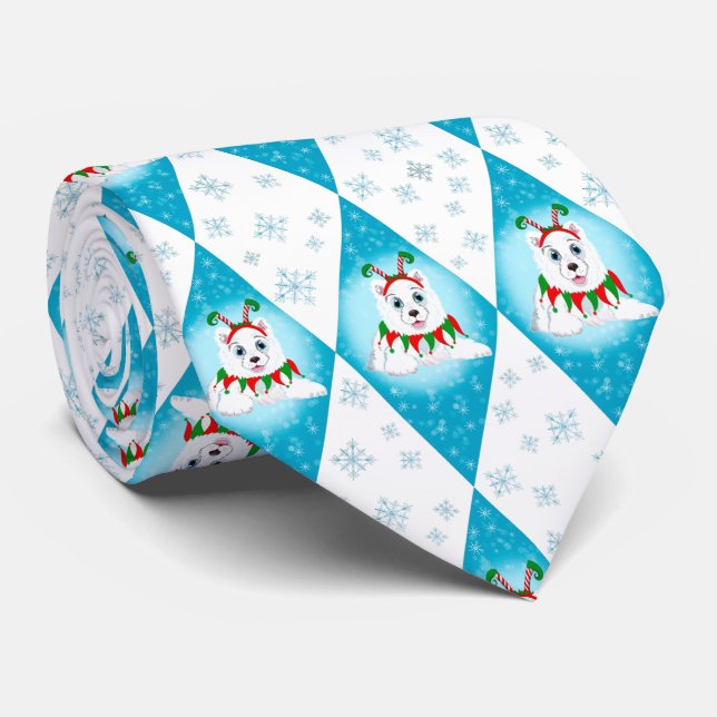 Samoyed Winter Holiday Diamond Pattern  Tie (Rolled)