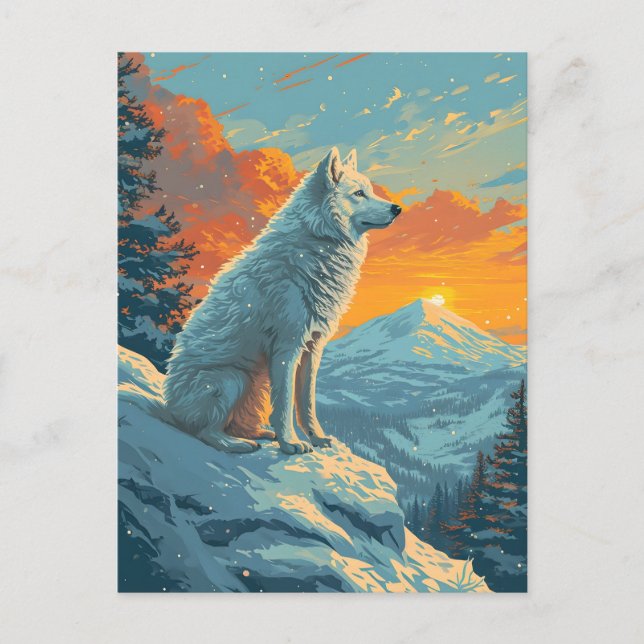 Samoyed winter mountain forest during sunset postcard (Front)