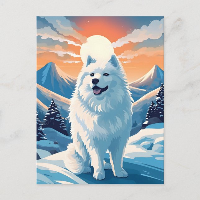 Samoyed winter mountain forest during sunset postcard (Front)