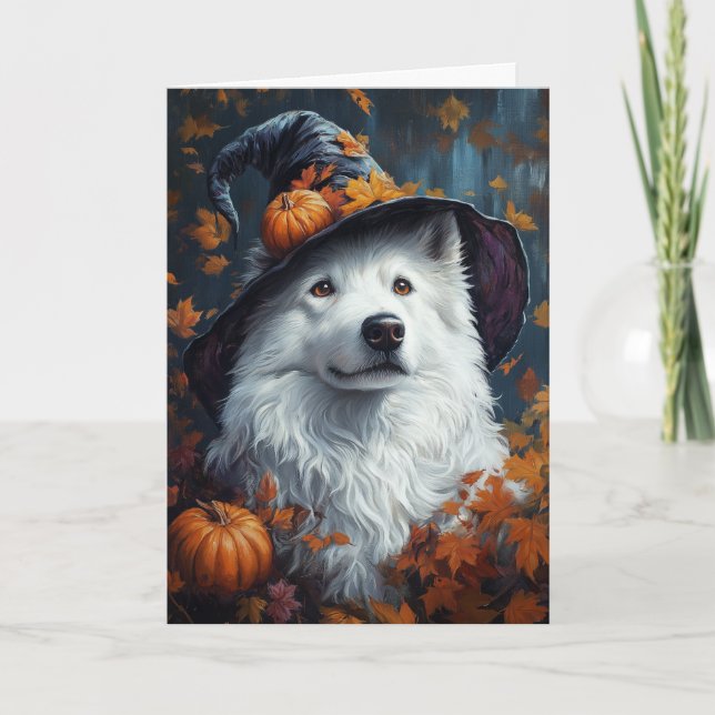 Samoyed Witch Halloween Holiday Card (Front)