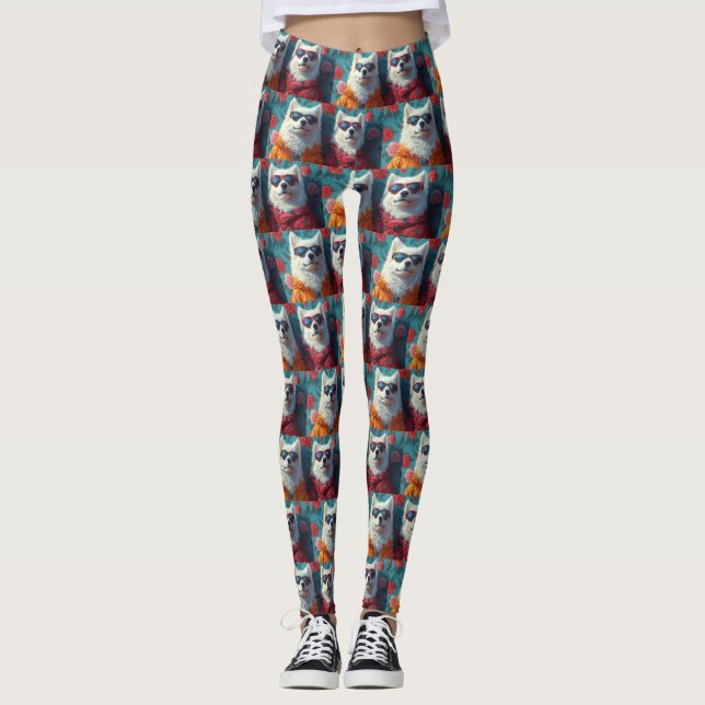 Samoyed with Heart Roses Valentine's Day Leggings (Front)