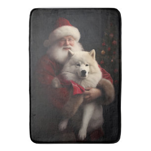 Samoyed With Santa Claus Festive Christmas Bath Mat