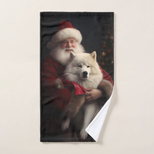 Samoyed With Santa Claus Festive Christmas Bath Towel Set