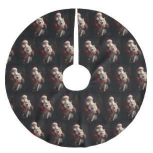 Samoyed With Santa Claus Festive Christmas Brushed Polyester Tree Skirt