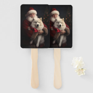 Samoyed With Santa Claus Festive Christmas Hand Fan