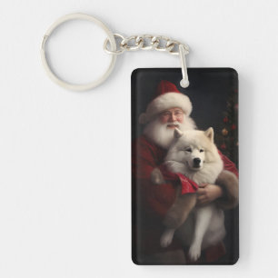 Samoyed With Santa Claus Festive Christmas Key Ring