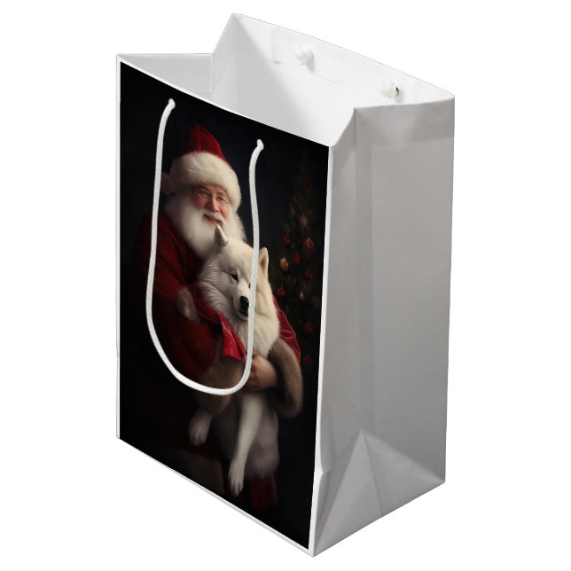 Samoyed With Santa Claus Festive Christmas Medium Gift Bag (Front Angled)
