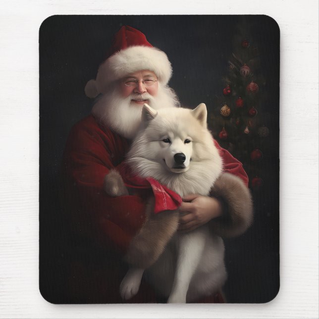 Samoyed With Santa Claus Festive Christmas Mouse Mat (Front)