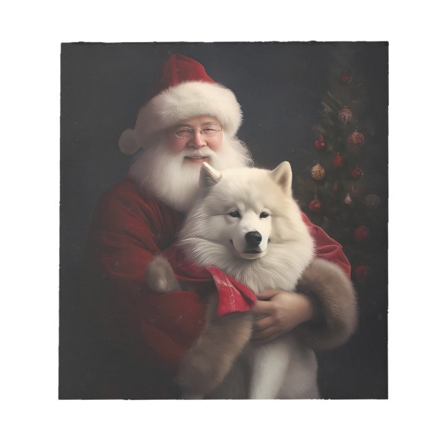 Samoyed With Santa Claus Festive Christmas Notepad (Front)