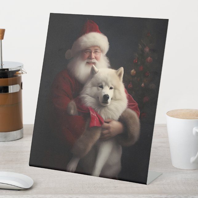 Samoyed With Santa Claus Festive Christmas Pedestal Sign (In SItu)