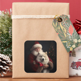 Samoyed With Santa Claus Festive Christmas Square Sticker