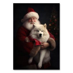 Samoyed With Santa Claus Festive Christmas Table Number