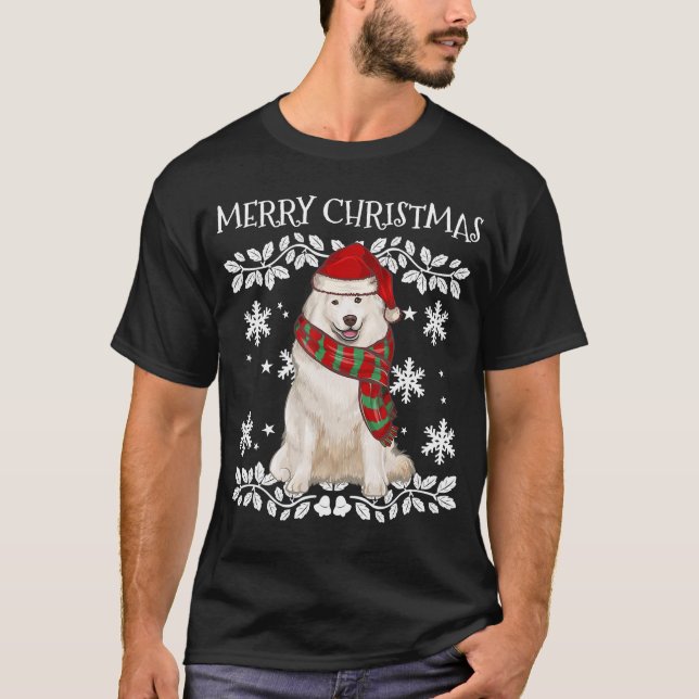 Samoyed With Santa Hat  Ugly Christmas T-Shirt (Front)