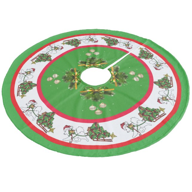 Samoyed with Sled Custom Tree Skirt, Coral Fleece Tree Skirt (Angled)