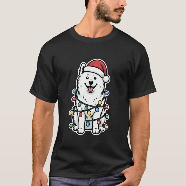 Samoyed Wrapped in Christmas Lights T-Shirt (Front)