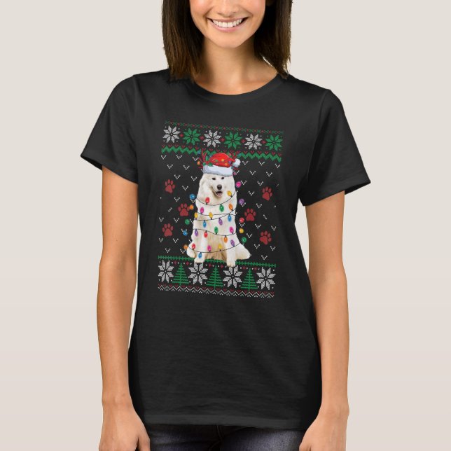 Samoyedl Christmas Lights Santa Hat Dog  Ugly Swea T-Shirt (Front)