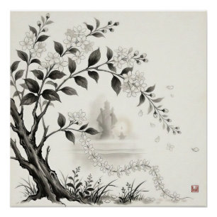 Sampaguita — Philippine National  Flower Sumi-e Poster