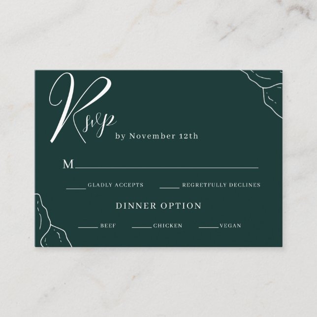 Sample Emerald Green Line Art Wedding RSVP Enclosure Card (Front)